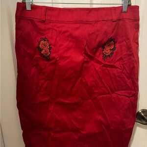 Unique Vintage Red Pencil Skirt with Embroidered Roses